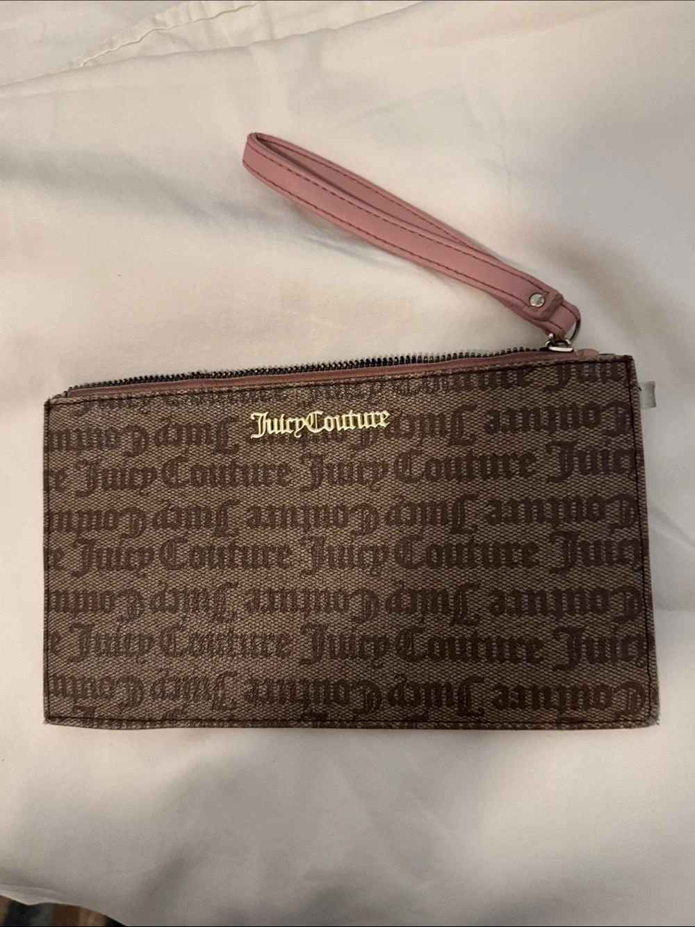 Juicy Couture Brown Monogram Wristlet with Pink Strap and Gold Logo Plate